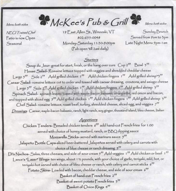 McKee's Pub & Grill - Winooski, VT menu_pic
