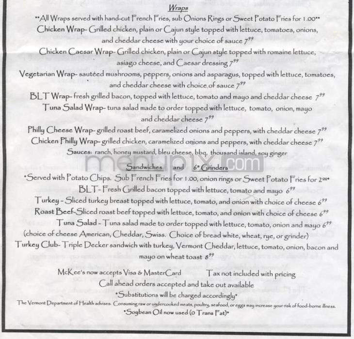McKee's Pub & Grill - Winooski, VT menu_pic