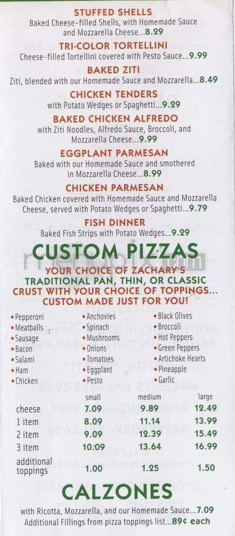 Zachary's Family Fun Center - South Burlington, VT menu_pic