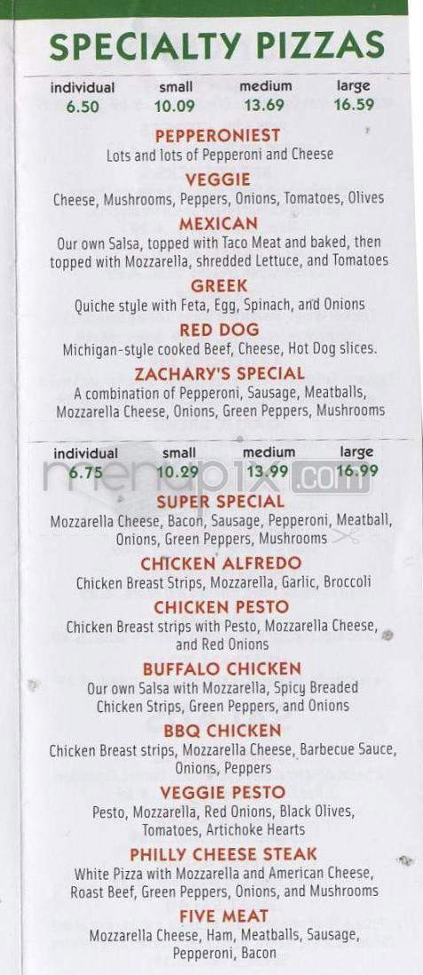 Zachary's Family Fun Center - South Burlington, VT menu_pic