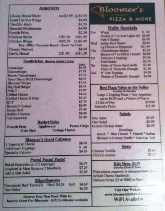 Bloomer's In The Valley Pizza - Coal Valley, IL menu_pic