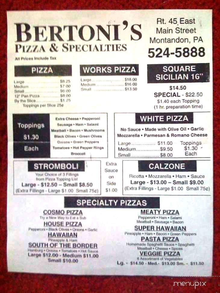 Bertoni's Pizza - Montandon, PA menu_pic