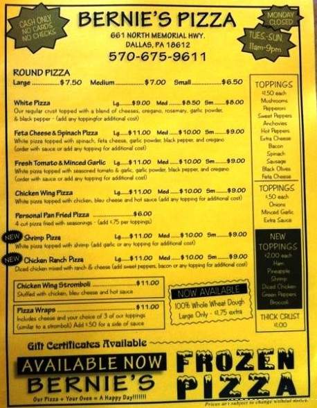 Bernie's Pizza - Dallas, PA menu_pic