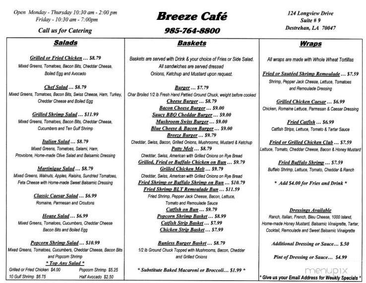 Breeze Cafe - Destrehan, LA menu_pic