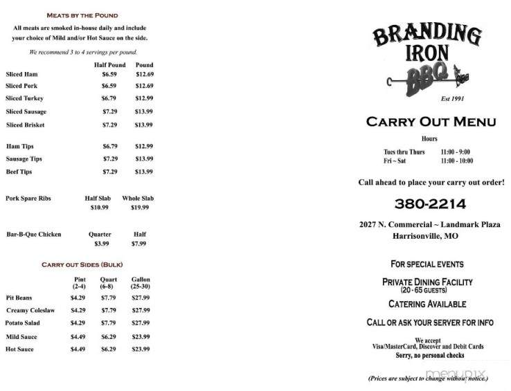 Branding Iron Barbeque - Harrisonville, MO menu_pic