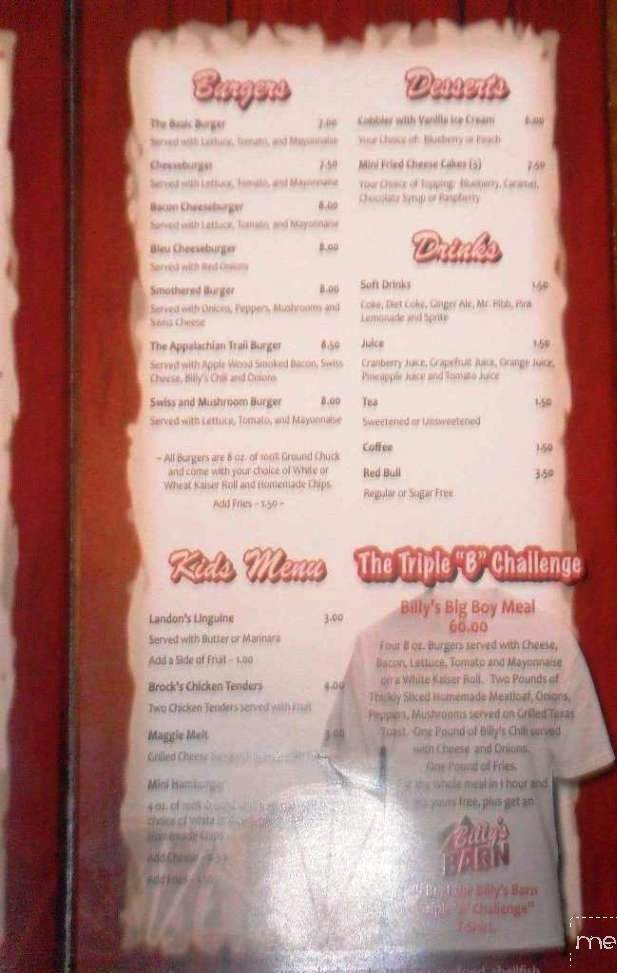 Billy's Barn Restaurant Lounge - Salem, VA menu_pic