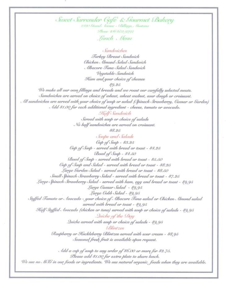 Sweet Surrender Cafe & Gourmet - Billings, MT menu_pic