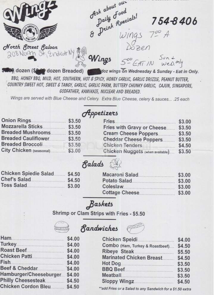 Wingz North Street Saloon - Endicott, NY menu_pic