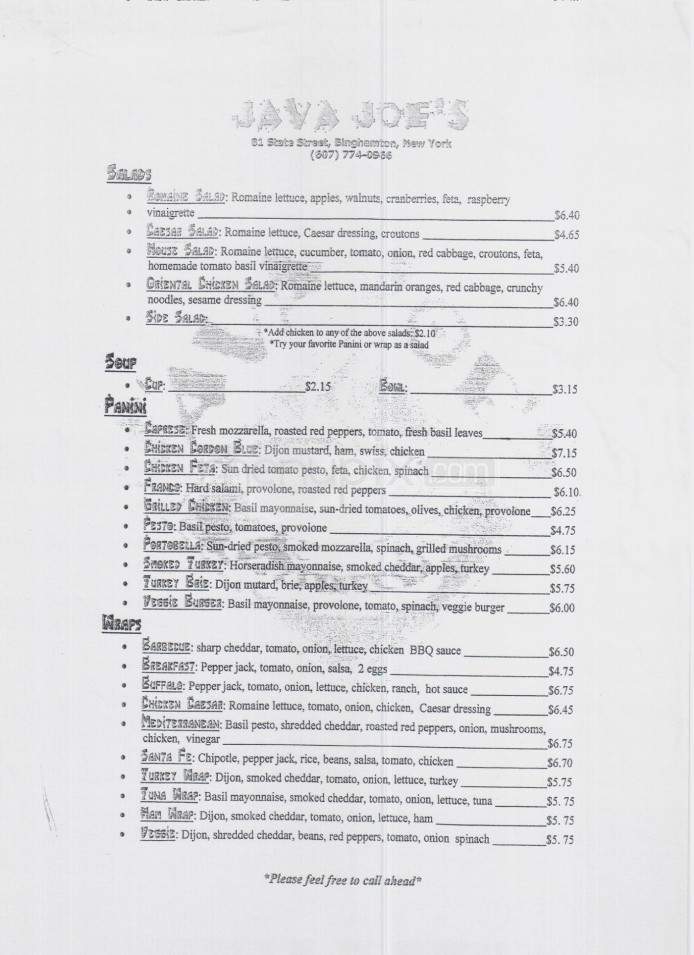 Java Joe's - Binghamton, NY menu_pic