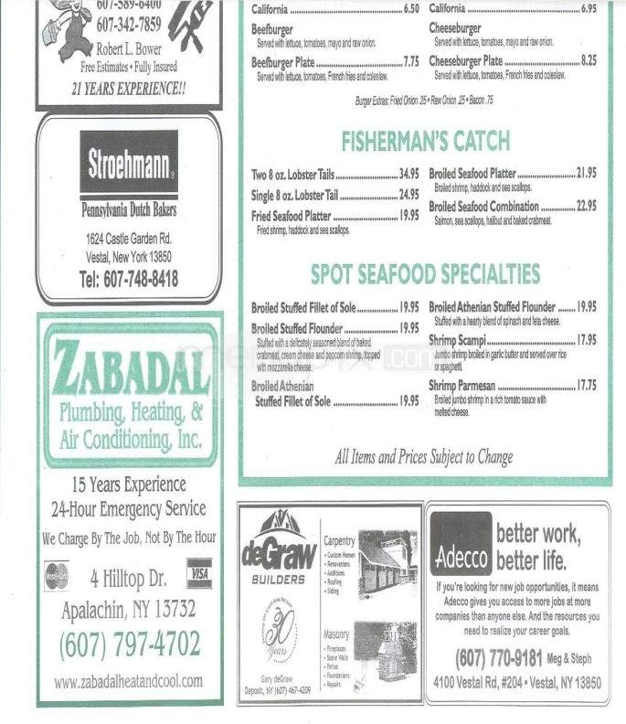 Spot Restaurant - Binghamton, NY menu_pic