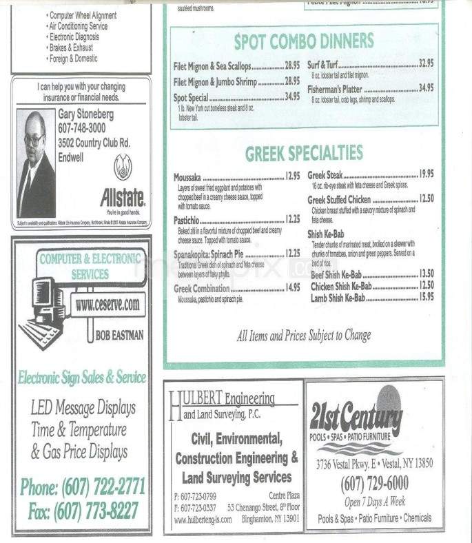 Spot Restaurant - Binghamton, NY menu_pic