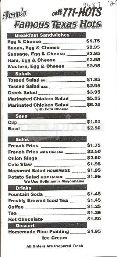 Tom's Famous Texas Hots - Binghamton, NY menu_pic