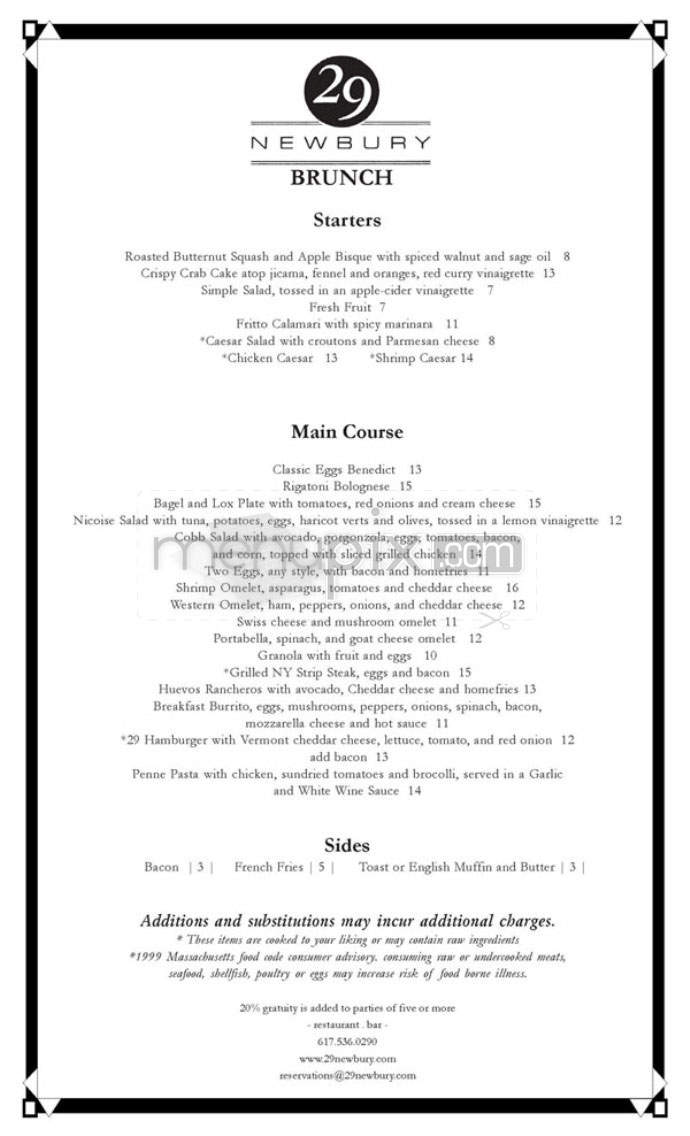 29 Newbury Street - Boston, MA menu_pic
