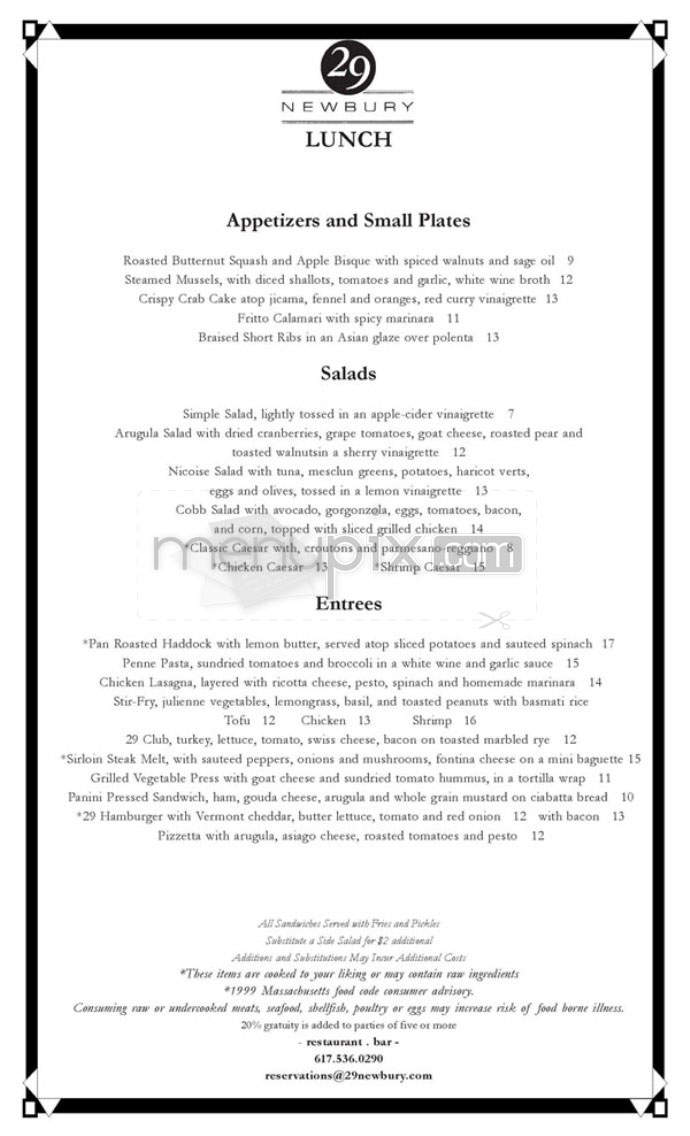 29 Newbury Street - Boston, MA menu_pic