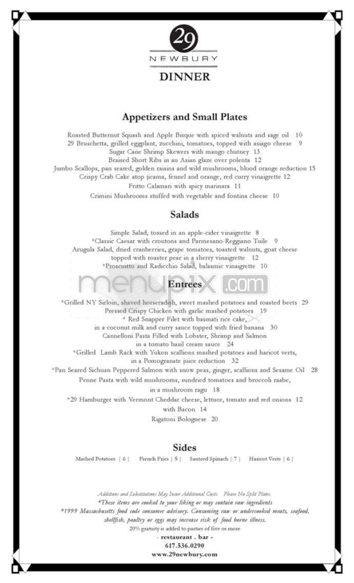 29 Newbury Street - Boston, MA menu_pic