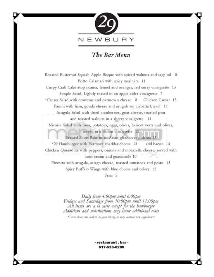 29 Newbury Street - Boston, MA menu_pic