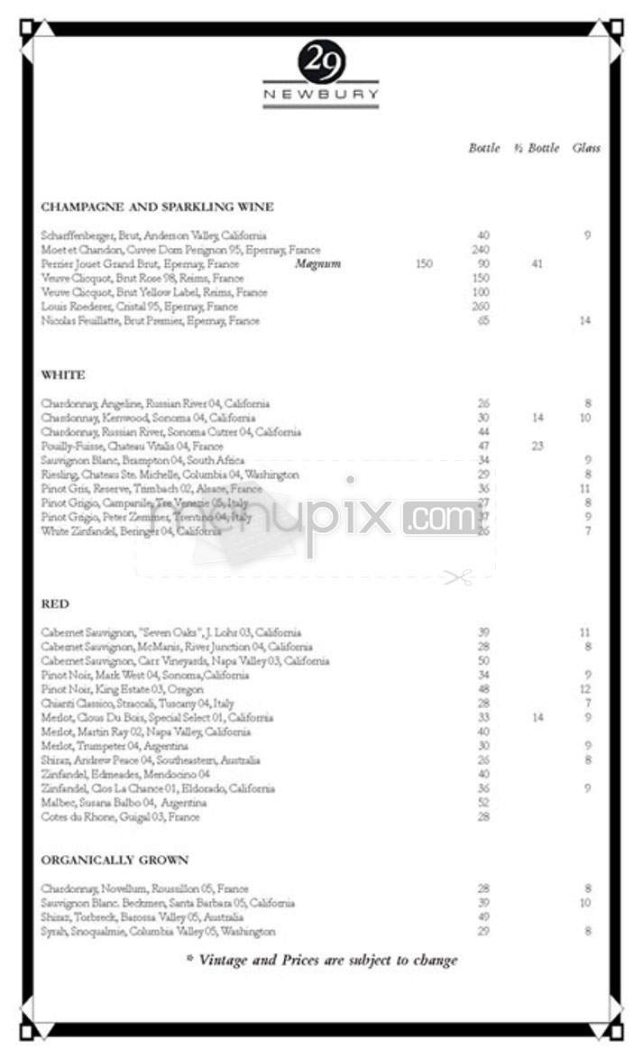 29 Newbury Street - Boston, MA menu_pic