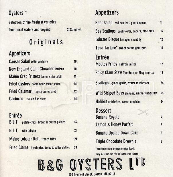 B & G Oysters - Boston, MA menu_pic