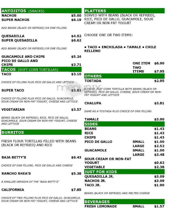 Baja Betty's Burritos - Brookline, MA menu_pic
