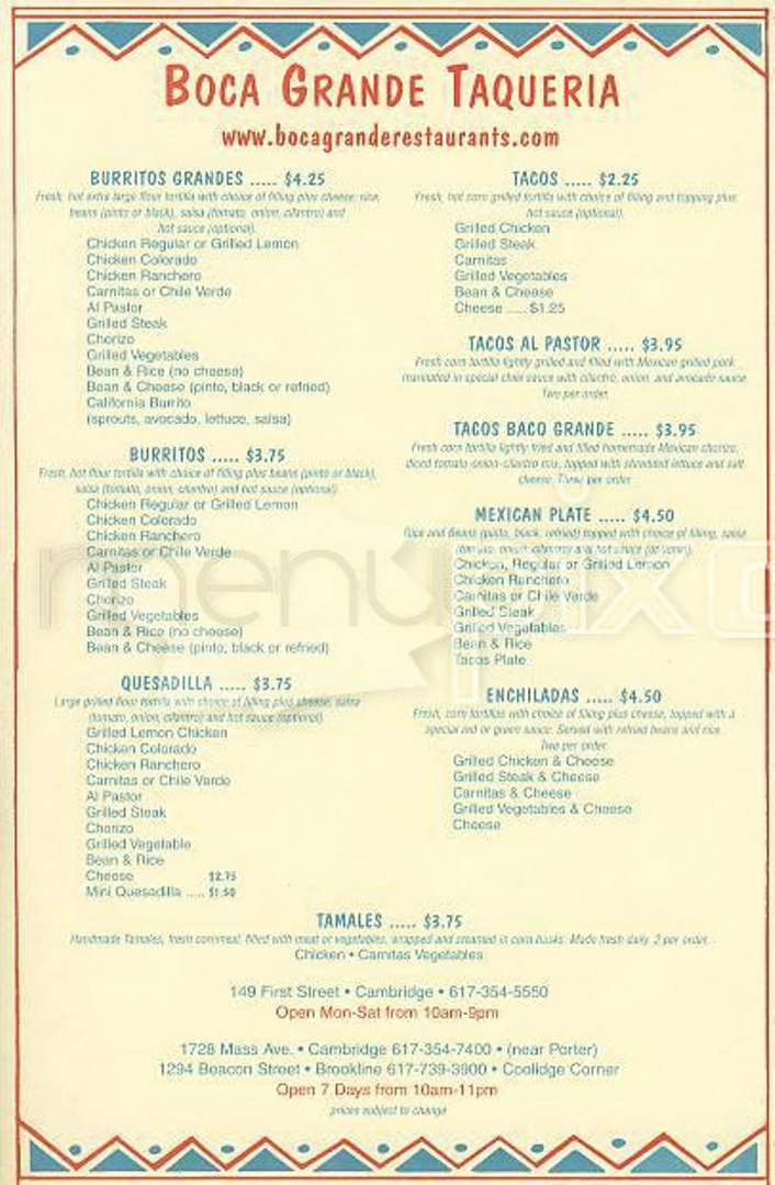Boca Grande Taqueria - Brookline, MA menu_pic