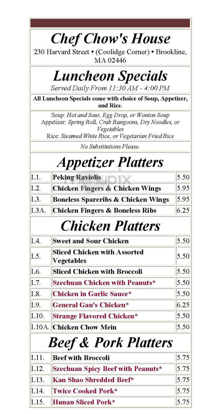 Chef Chow's House - Brookline, MA menu_pic