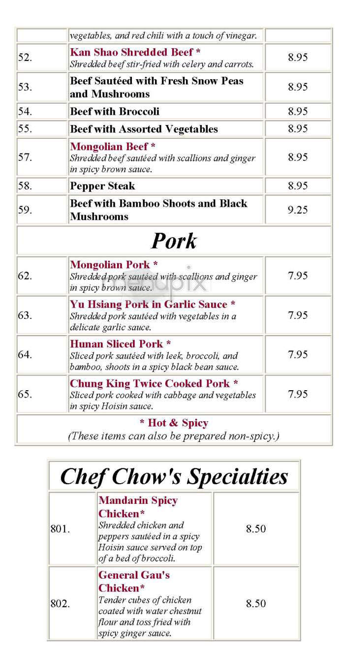 Chef Chow's House - Brookline, MA menu_pic