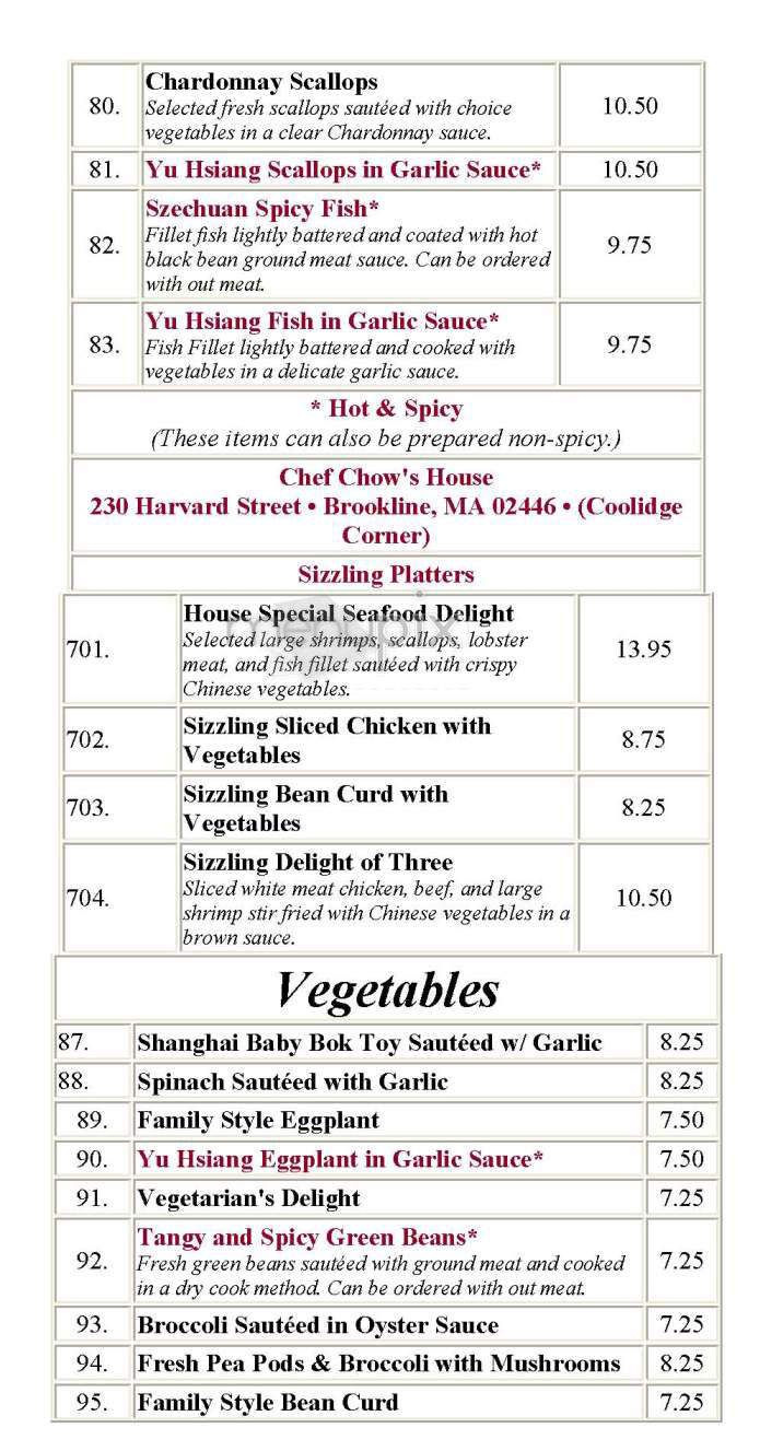 Chef Chow's House - Brookline, MA menu_pic