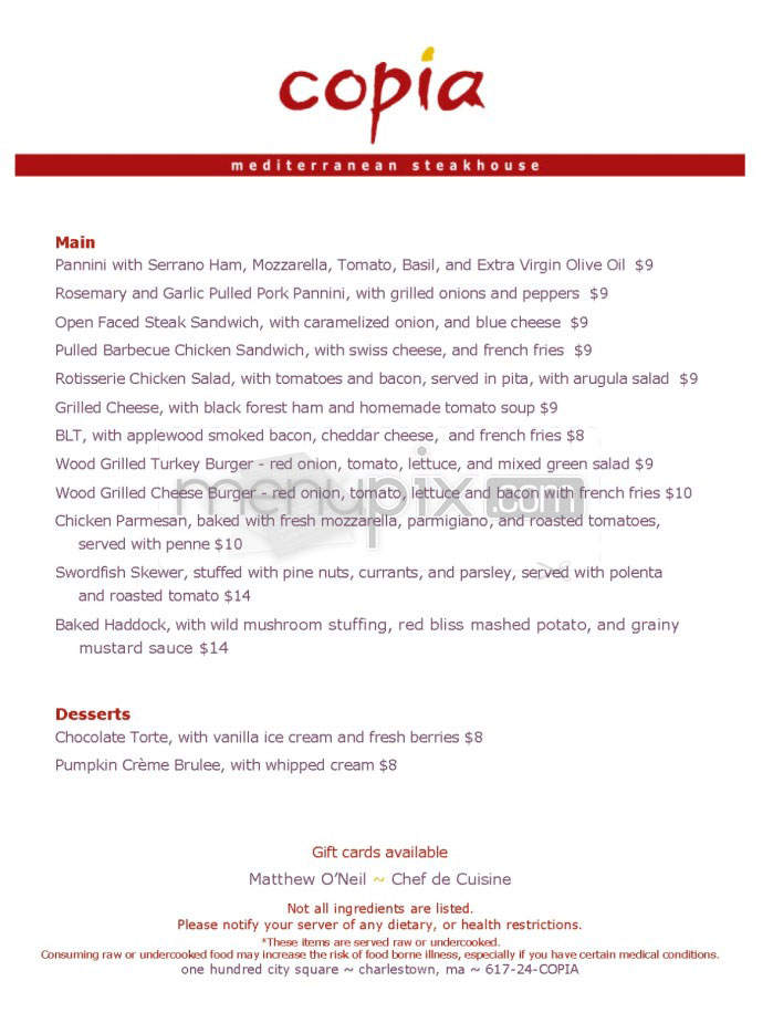 Copia - Charlestown, MA menu_pic