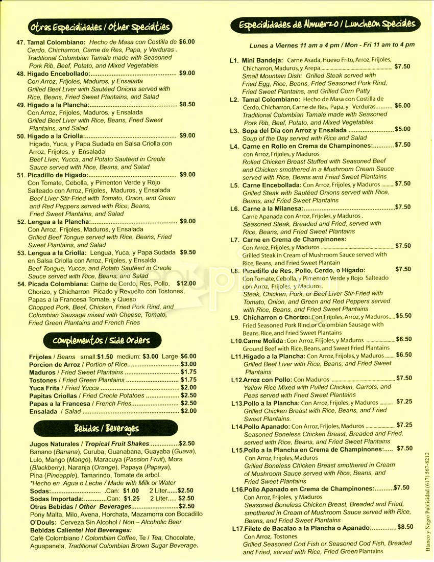 El Cafetal Restaurante - Allston, MA menu_pic