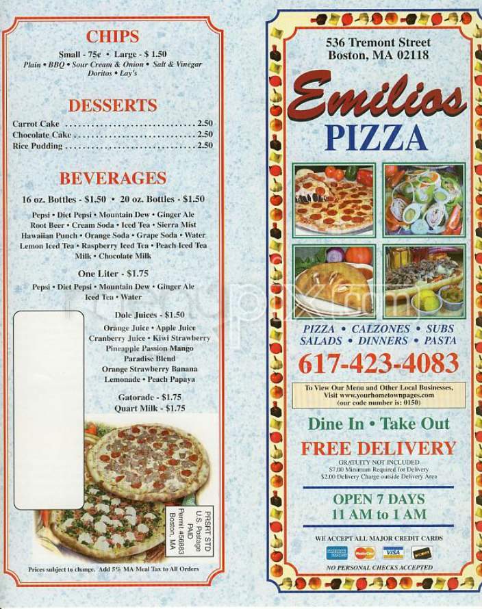 Emilios Pizza - Boston, MA menu_pic