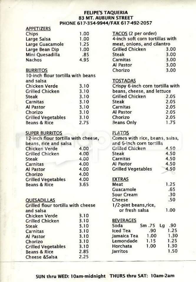 Felipe's Taqueria - Cambridge, MA menu_pic