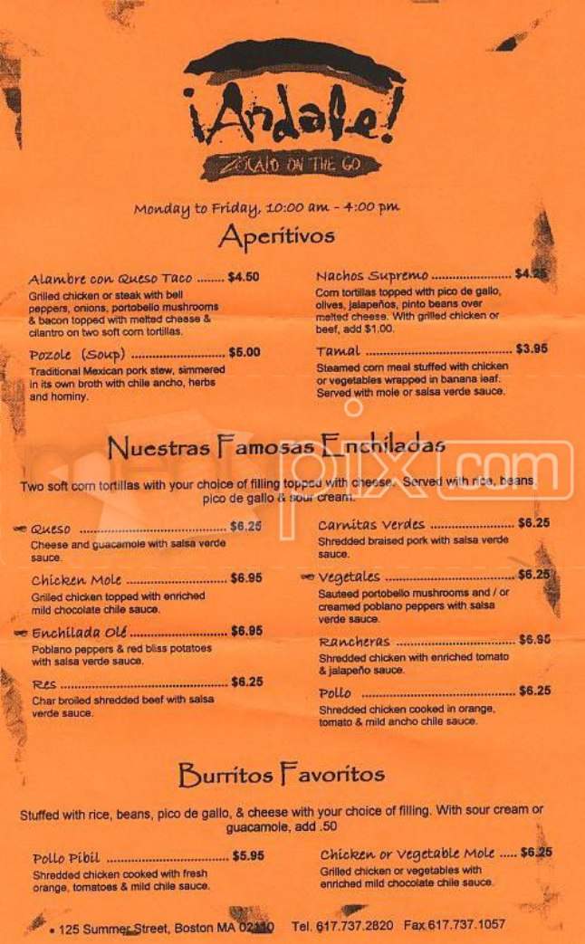 Andale Mexican Grill - Boston, MA menu_pic