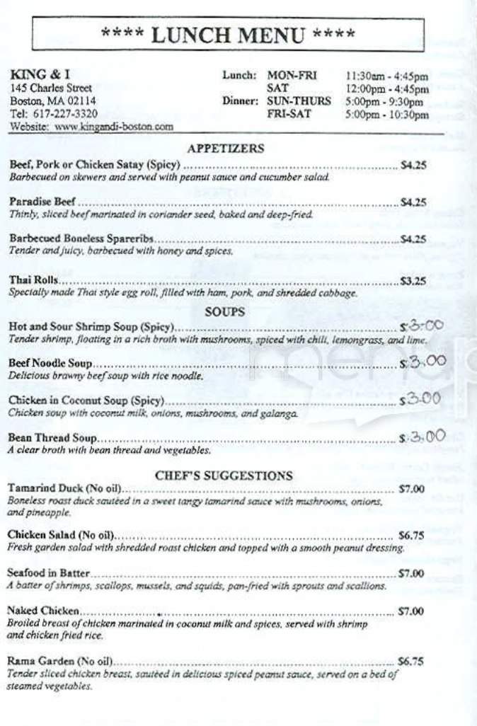 King & I - Boston, MA menu_pic