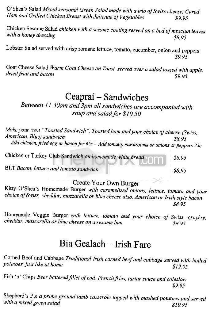 Kitty O'Shea's - Boston, MA menu_pic