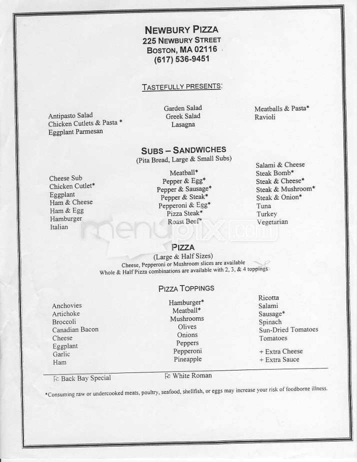 Newbury Pizza & Subs - Boston, MA menu_pic