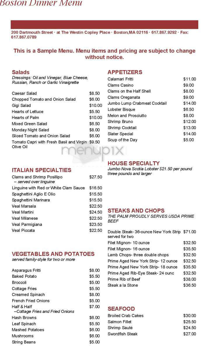 Palm (Westin) - Boston, MA menu_pic