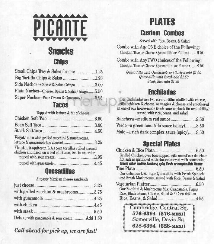 Picante Mexican Grill - Boston, MA menu_pic