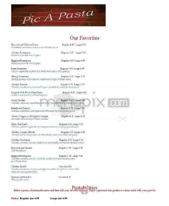 Pic A Pasta - Brighton, MA menu_pic