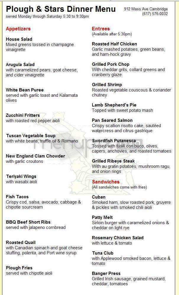 The Plough & Stars - Cambridge, MA menu_pic