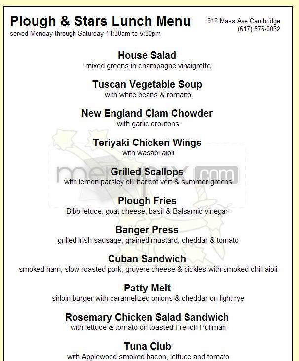 The Plough & Stars - Cambridge, MA menu_pic