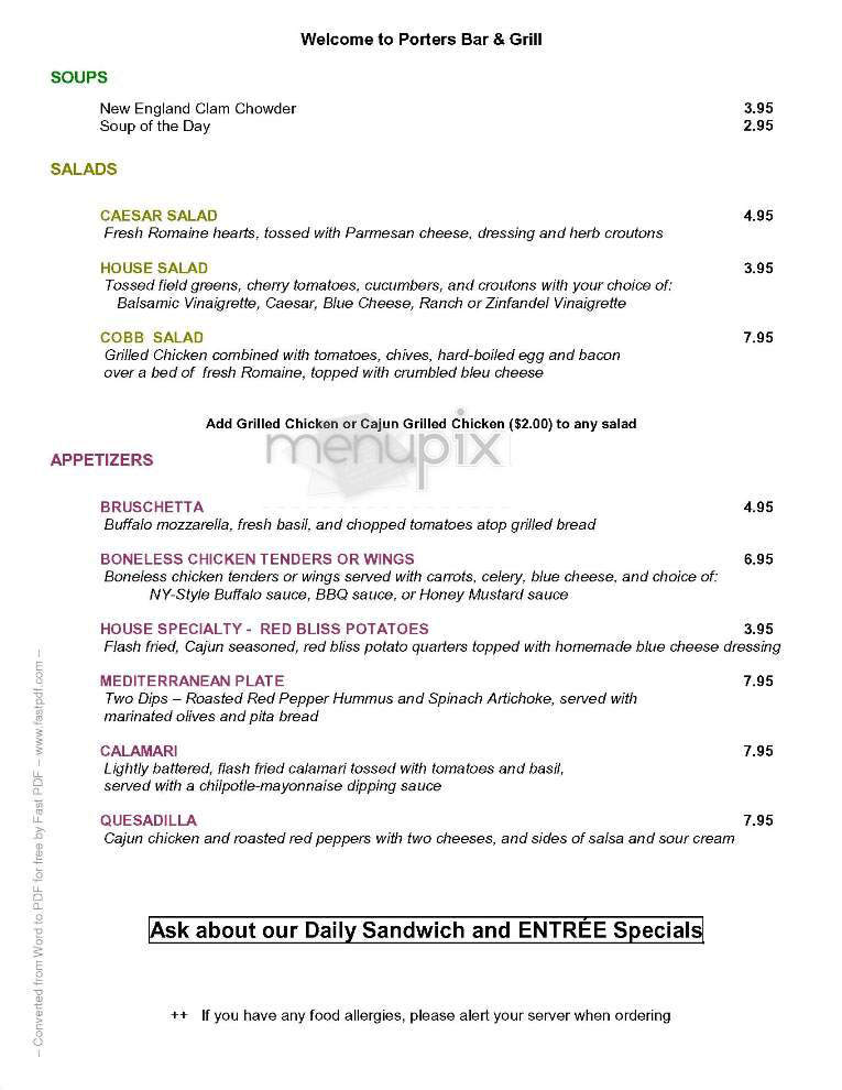Porter's Bar & Grill - Boston, MA menu_pic
