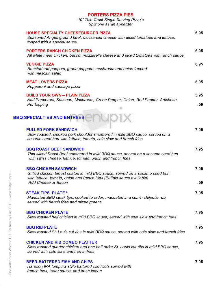 Porter's Bar & Grill - Boston, MA menu_pic