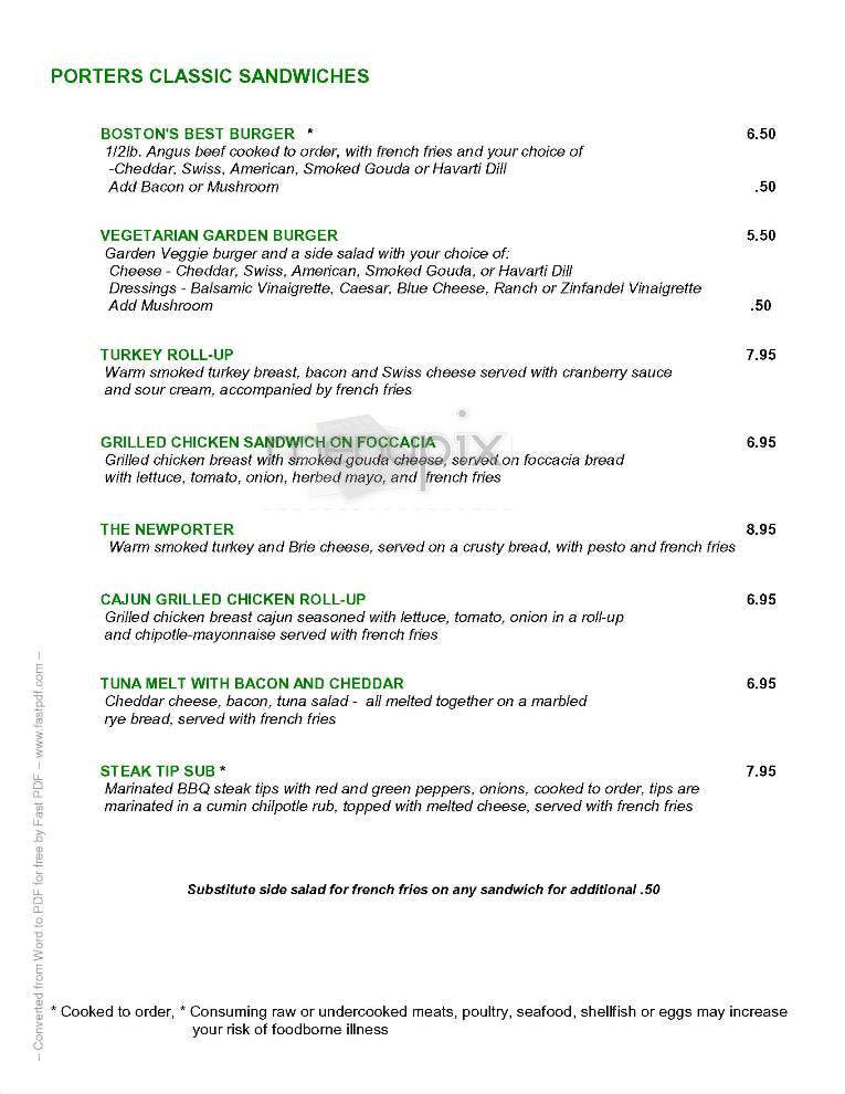 Porter's Bar & Grill - Boston, MA menu_pic
