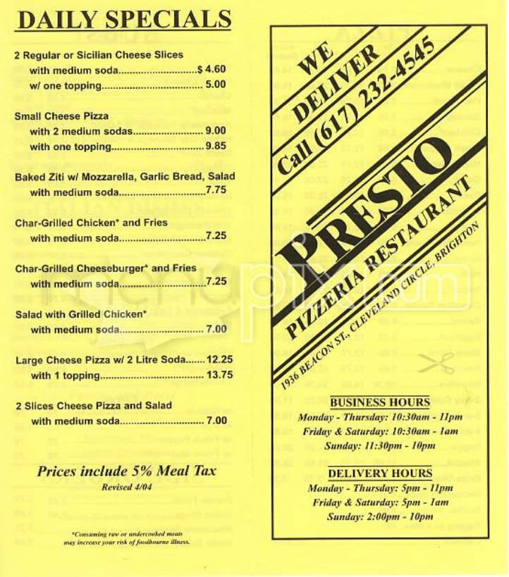 Presto Pizzeria - Brighton, MA menu_pic