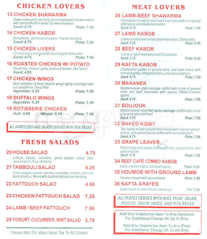 Reef Cafe - Allston, MA menu_pic