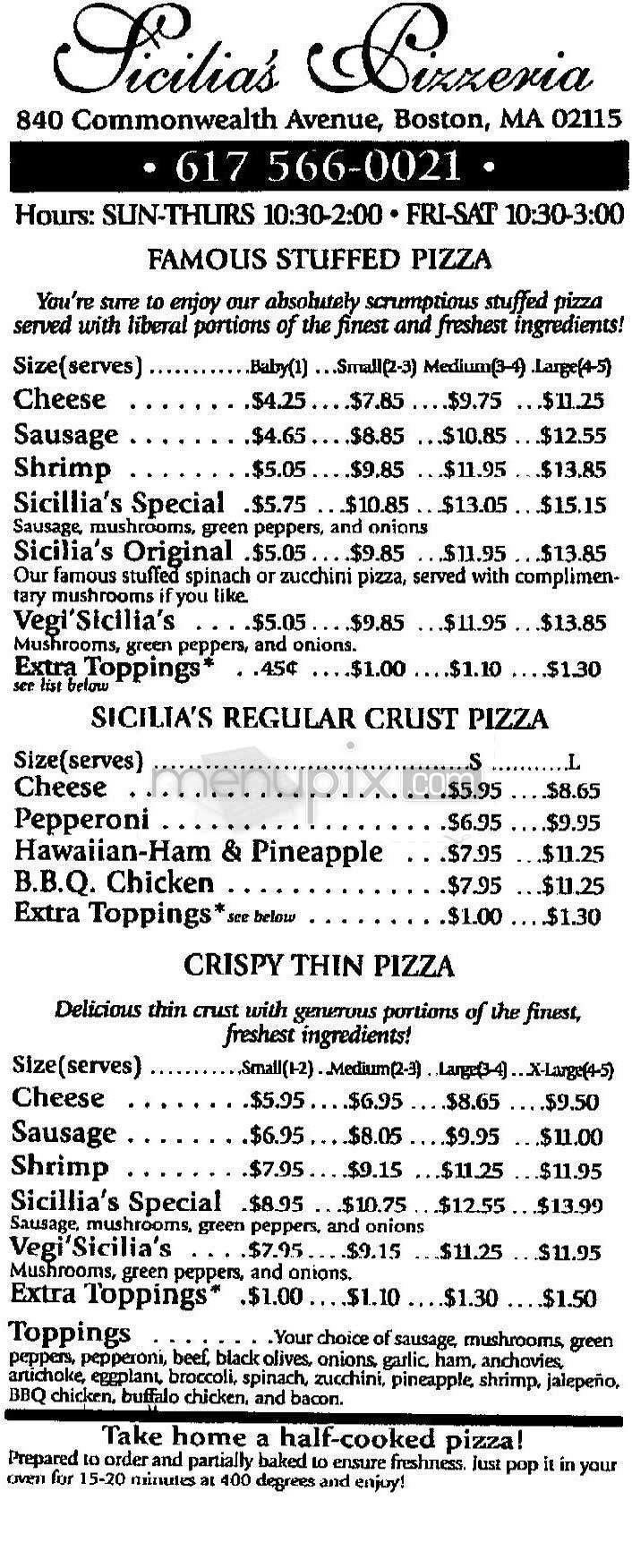 Sicilia's Pizzeria - Boston, MA menu_pic