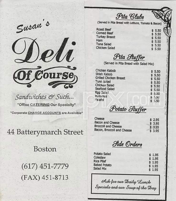 Menu of Susan's Deli Of Course in Boston, MA 02111