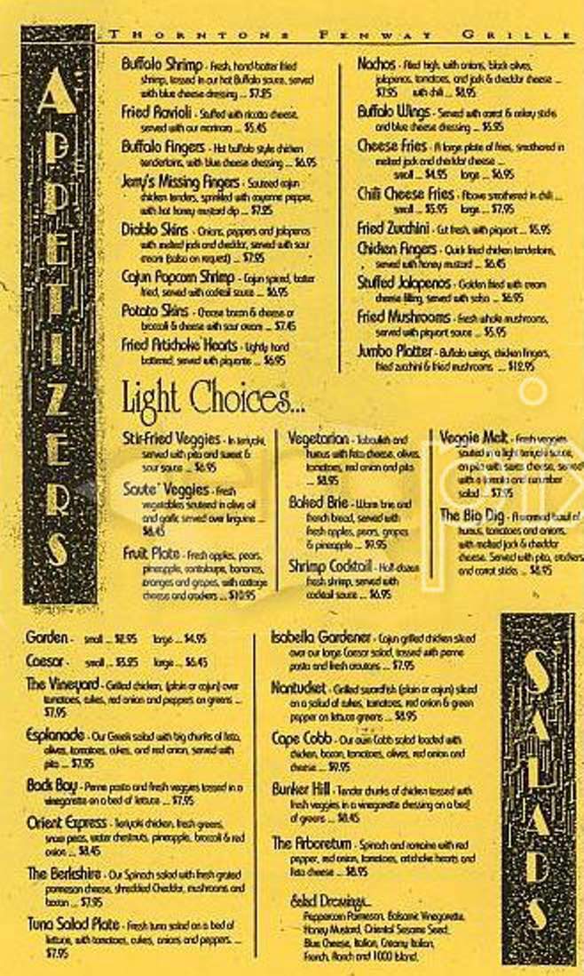 Thornton's Fenway Grill - Boston, MA menu_pic