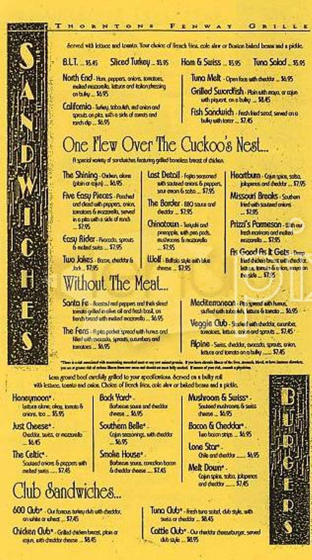 Thornton's Fenway Grill - Boston, MA menu_pic