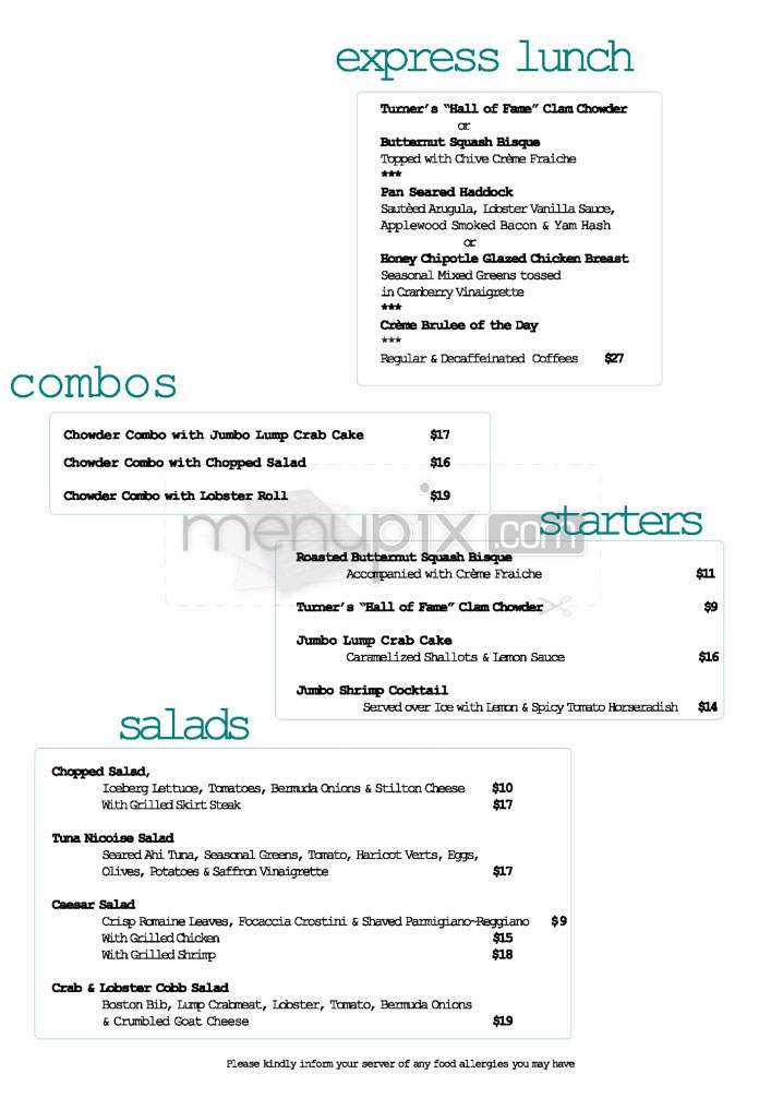 Turner Fisheries Restaurant and Bar - Boston, MA menu_pic